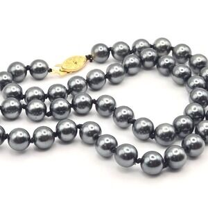 Elegant Gray Glass Faux Pearl Hand Knotted Classic Necklace Gold Tone Clasp